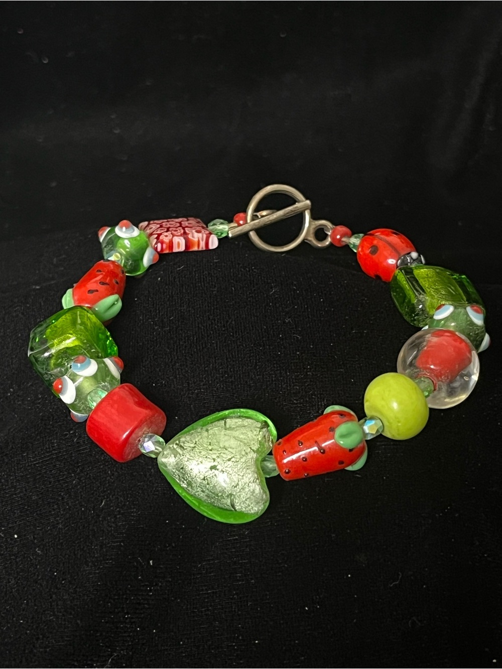 Handmade Glass Heart & Bead Bracelet LadyBug Strawberry 1705